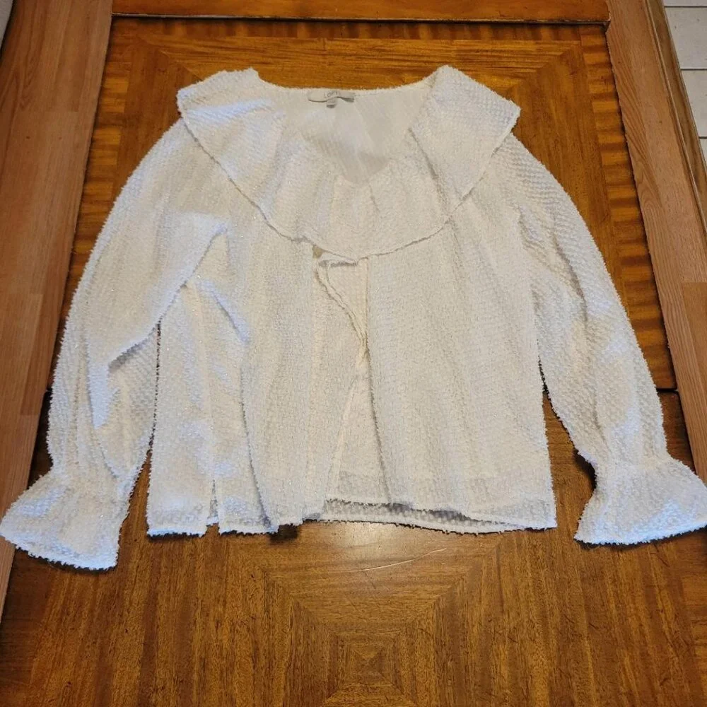 LOFT Cream with Gold Sparkle Ruffled Blouse - Picture 3 of 14